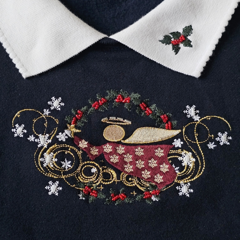 90s Hastings & Smith Embroidered Christmas Sweatshirt XL Angel Holly Collar Navy - Picture 3 of 10